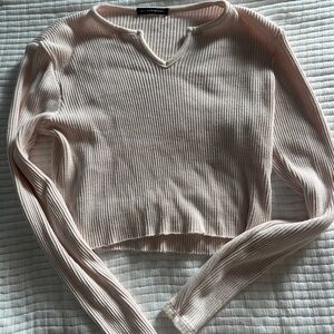 Brandy Melville Ribbed V-Neck Sweater in Light Pink